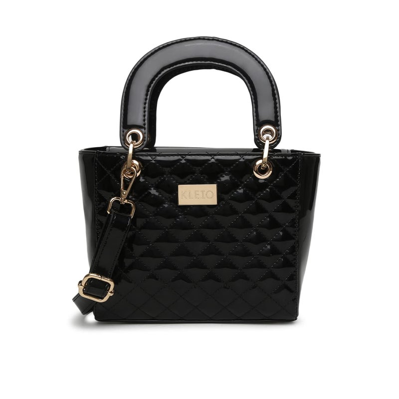 KLEIO Patent PU Quilted Small Boxy Square Structured Satchel Handbag for Women and Girls - Black - Image 1